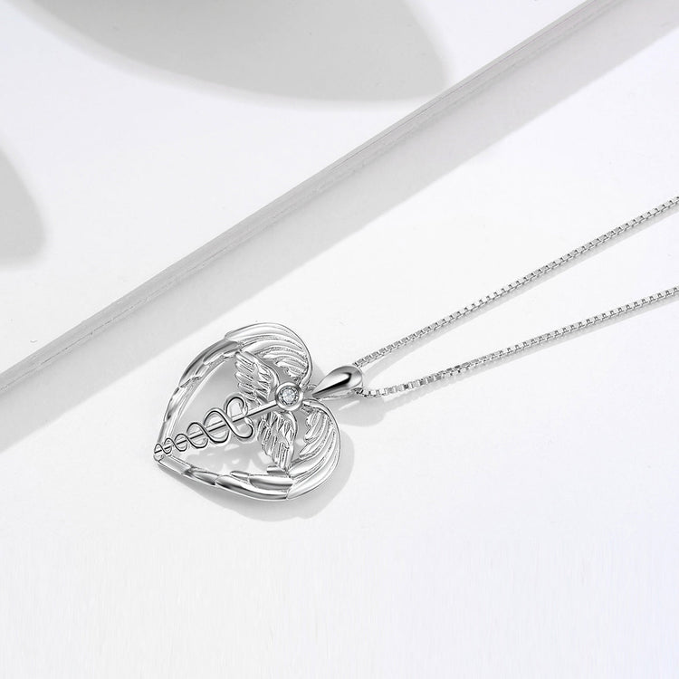 925 Sterling Silver Caduceus Angel Nursing Themed Pendant Necklace - onlyone