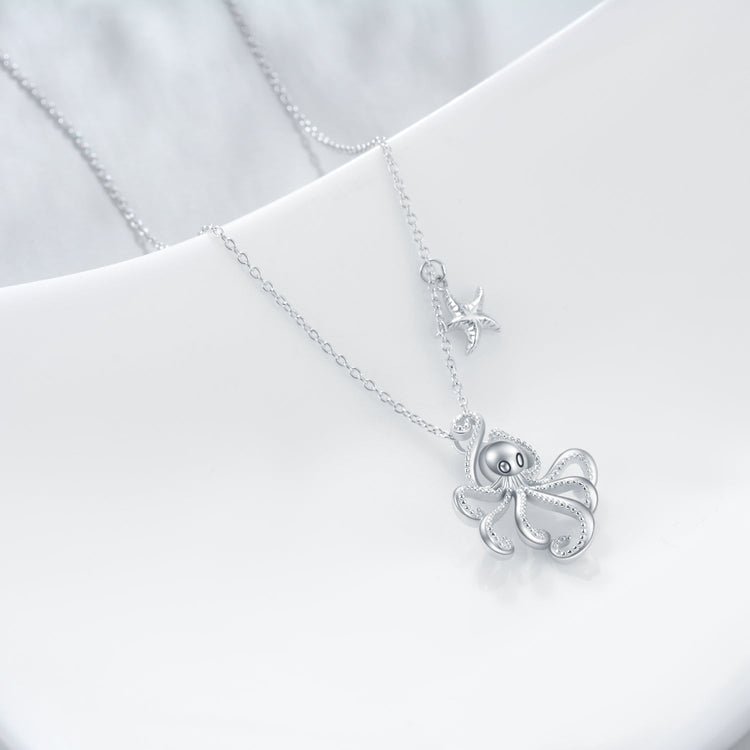 925 Sterling Silver Octopus And Starfish Necklace - onlyone