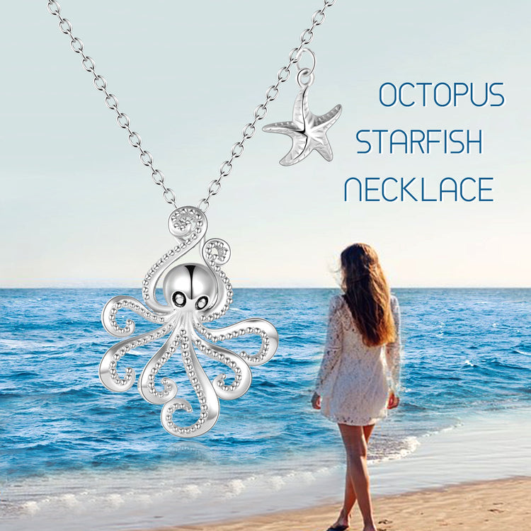 925 Sterling Silver Octopus And Starfish Necklace - onlyone