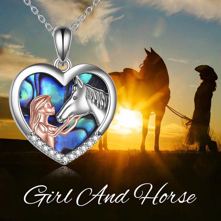925 Sterling Silver Horse with Girl Heart Pendant Necklace for Girls, Girlfriend,Women, Teens, Daughter