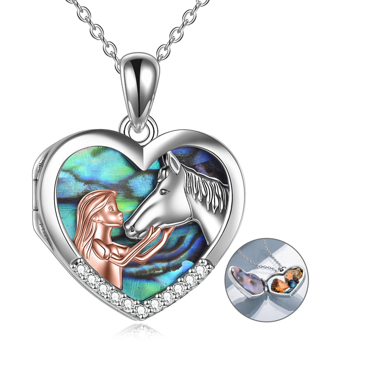 925 Sterling Silver Horse with Girl Heart photo box Pendant Necklace