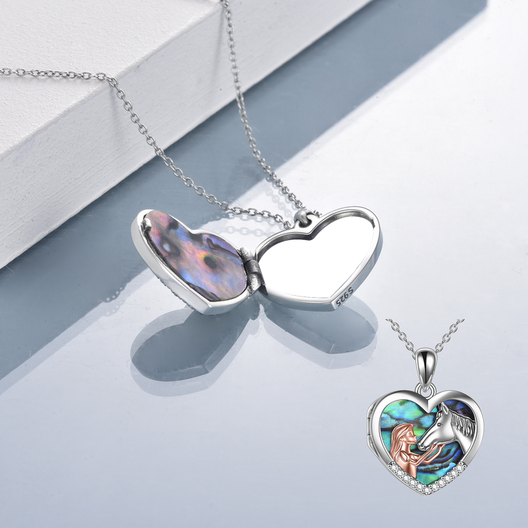 925 Sterling Silver Horse with Girl Heart photo box Pendant Necklace