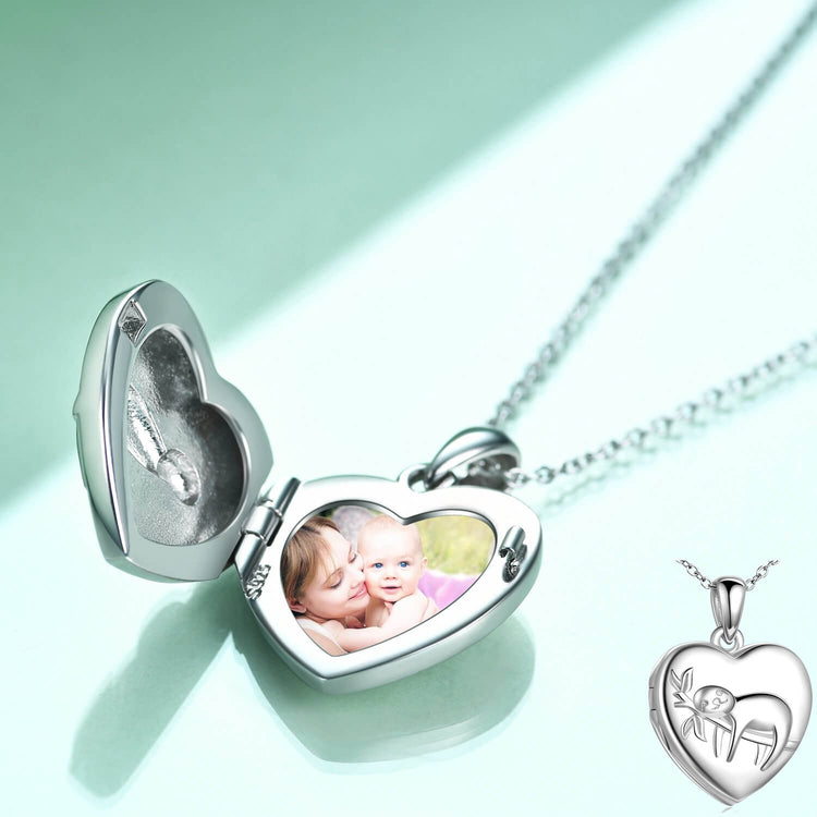 925 Sterling Silver Heart Sloth Heart Photo Locket Necklaces