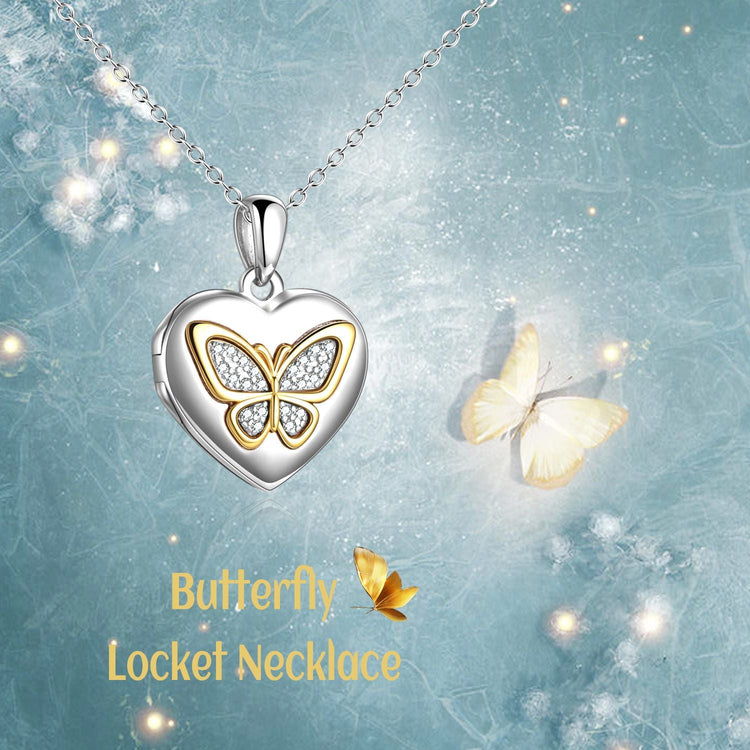 925 Sterling Silver Heart Butterfly Photo Locket Necklaces - onlyone