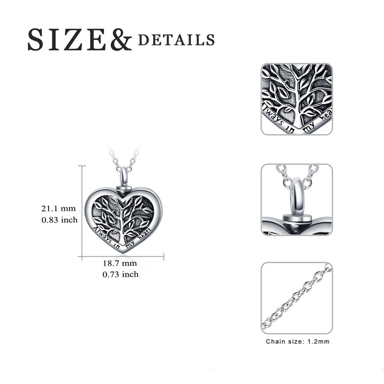 925 Sterling Silver Tree Of Life Heart Shaped Urn Necklace For Ashes Cremation Jewelry for Ashes - onlyone