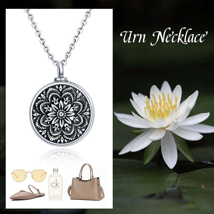 925 Sterling Silver Flower of Life Urn Ashes Necklace Cremation Jewelry for Ashes
