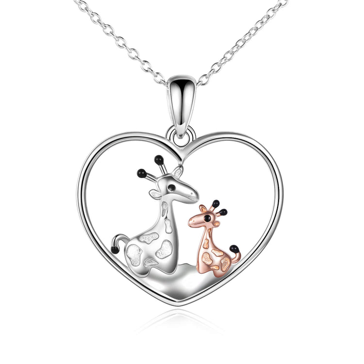 925 Sterling Silver Giraffe Mom and Child Heart Necklace