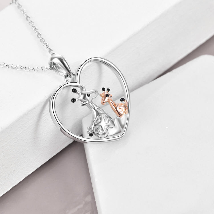 925 Sterling Silver Giraffe Mom and Child Heart Necklace