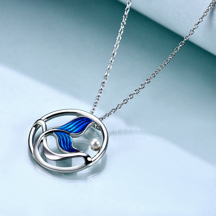 925 Sterling Silver Mermaid Tail And Pearl Necklace - onlyone