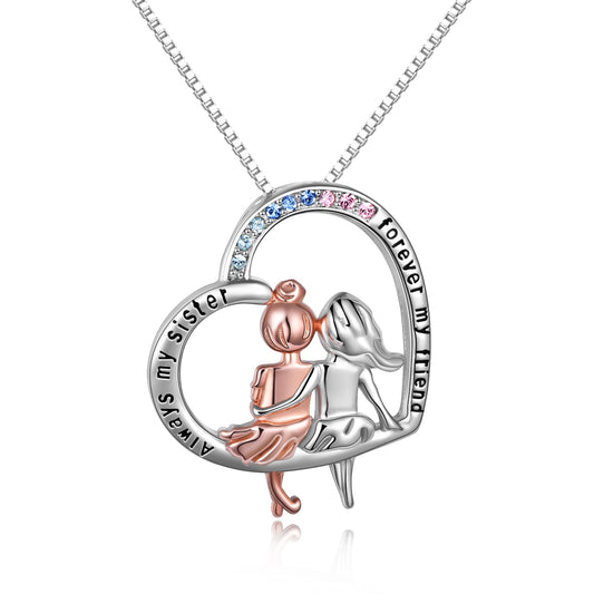 925 Sterling Silver Always My Sister Forever My Friend Heart Pendant Jewelry Birthday Graduation Gift for Women - onlyone
