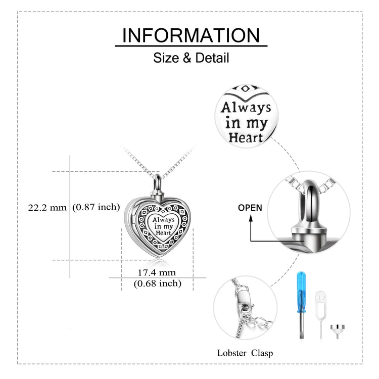925 Sterling Silver Always in My Heart Urn Necklace for Ashes Custom Photo Keepsake Necklace Cremation Jewelry Gift for Women - onlyone