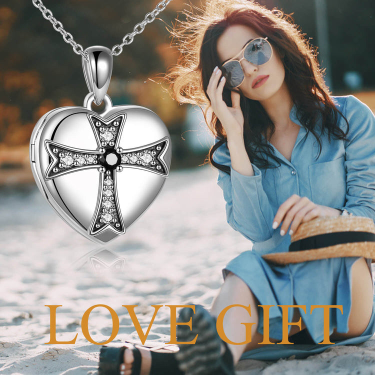 925 Sterling Silver Heart Zirconia Cross Heart Photo Locket Necklace
