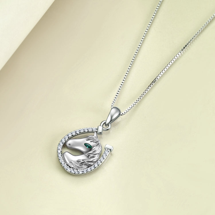 925 Sterling Silver Lucky Horseshoe and Horse Pendant Necklace - onlyone