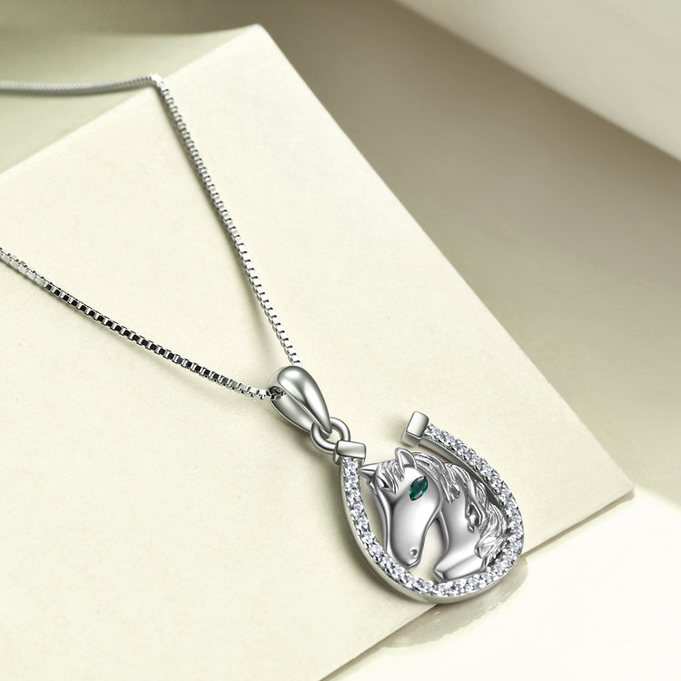 925 Sterling Silver Lucky Horseshoe and Horse Pendant Necklace - onlyone