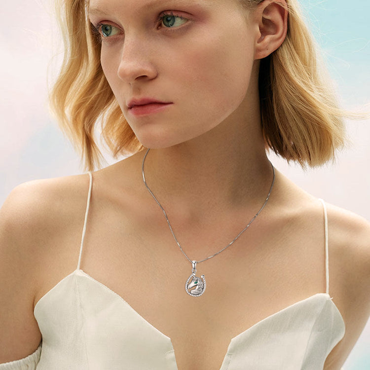 925 Sterling Silver Lucky Horseshoe and Horse Pendant Necklace - onlyone