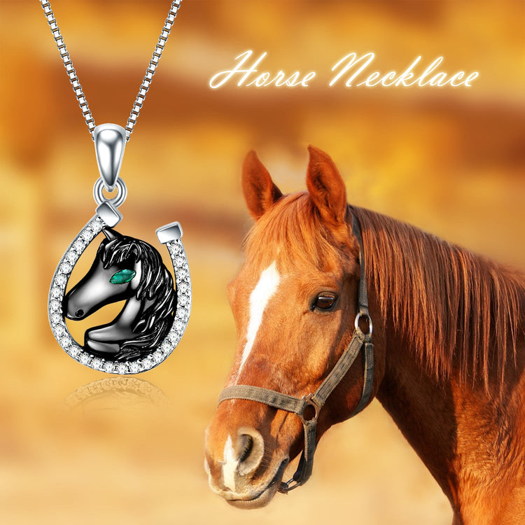 925 Sterling Silver Lucky Horseshoe and Horse Pendant Necklace - onlyone