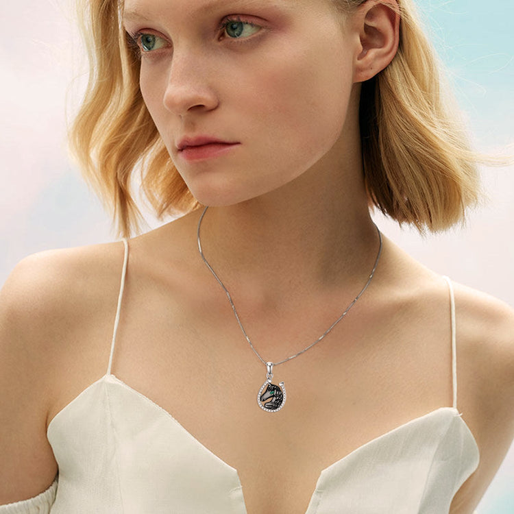 925 Sterling Silver Lucky Horseshoe and Horse Pendant Necklace - onlyone