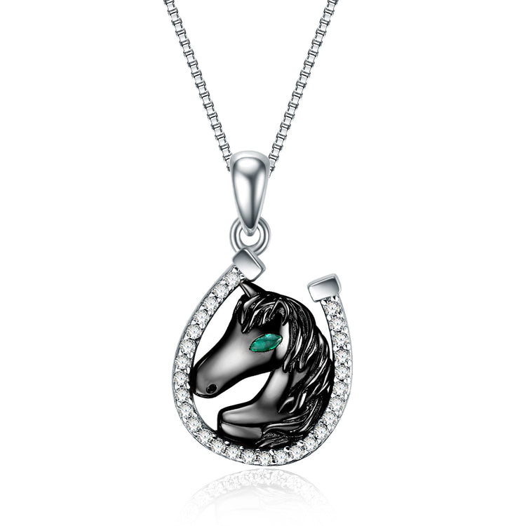 925 Sterling Silver Lucky Horseshoe and Horse Pendant Necklace - onlyone