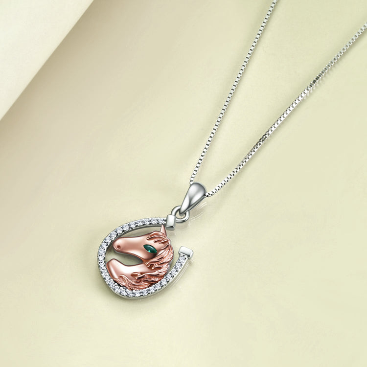 925 Sterling Silver Lucky Horseshoe and Horse Pendant Necklace - onlyone