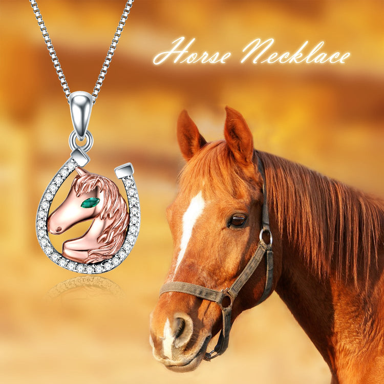 925 Sterling Silver Lucky Horseshoe and Horse Pendant Necklace - onlyone