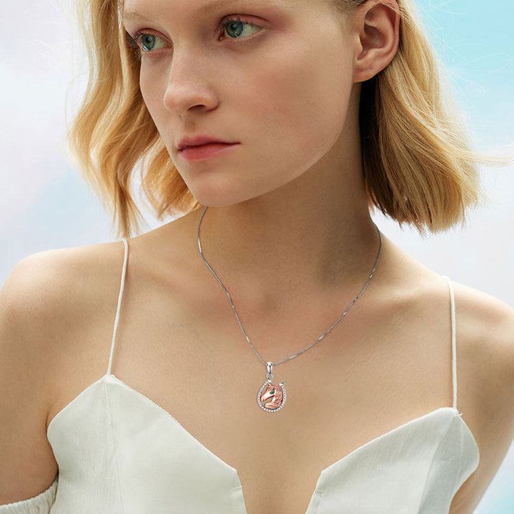 925 Sterling Silver Lucky Horseshoe and Horse Pendant Necklace - onlyone