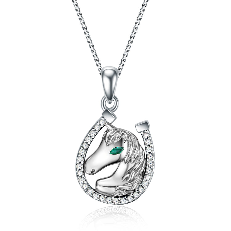 925 Sterling Silver Lucky Horseshoe and Horse Pendant Necklace - onlyone