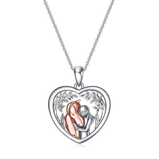 925 Sterling Silver Horse And Girl Heart Pendant Necklace - onlyone