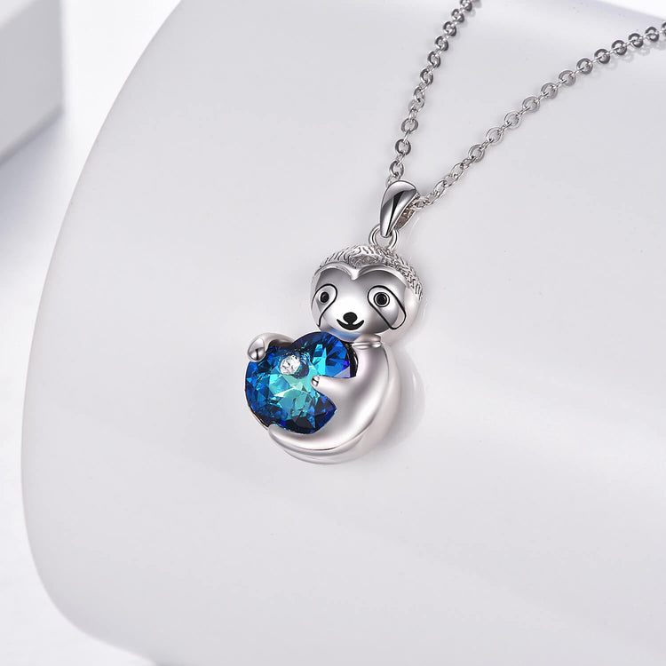 925 Sterling Silver Sloth Holding A Crystal Heart Necklace