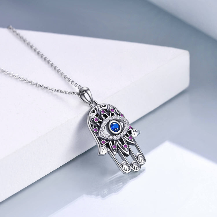 925 Sterling Silver With Cubic Zirconia Hamsa Hand Pendant Necklace