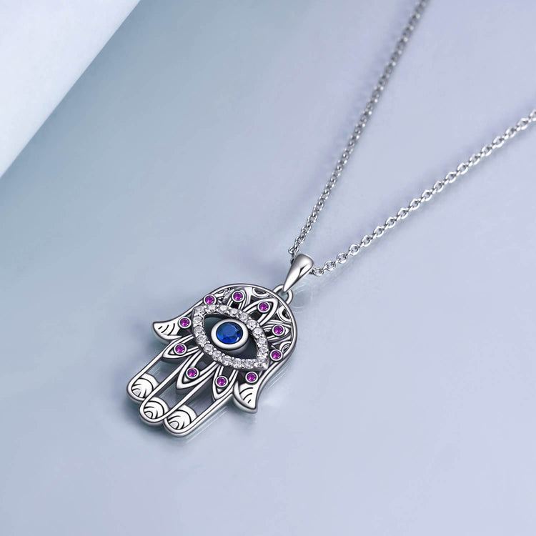 925 Sterling Silver With Cubic Zirconia Hamsa Hand Pendant Necklace