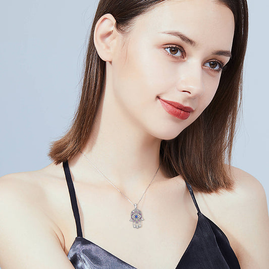 925 Sterling Silver With Cubic Zirconia Hamsa Hand Pendant Necklace