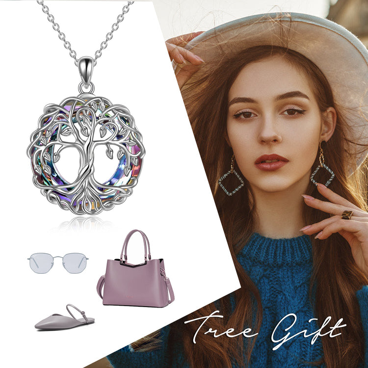 925 Sterling Silver Family Tree Pendant Necklace Tree of Life Necklace Jewelry with Crystal