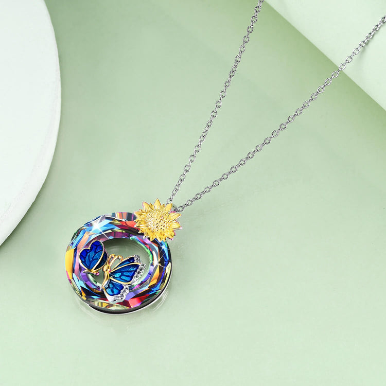 925 Sterling Silver Daisy Sunflower Butterfly Necklace With Crystal