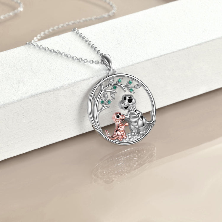 925 Sterling Silver Dinosaur Mom And Child Necklace