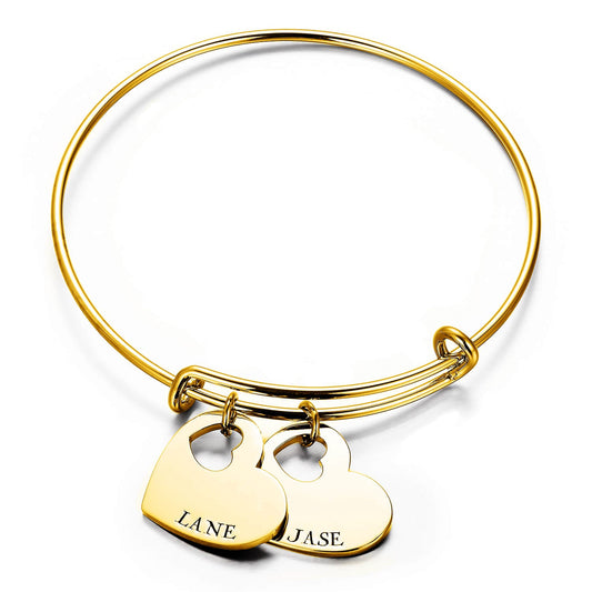 925 Sterling Silver Personalized Double Heart Name Bangle Expandable Love Bracelet - onlyone