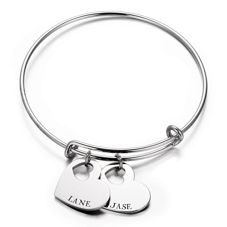 925 Sterling Silver Personalized Double Heart Name Bangle Expandable Love Bracelet - onlyone