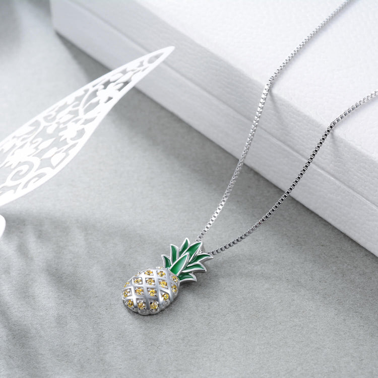 925 Sterling Silver Pineapple Pendant Necklace With Yellow Cubic Zircon - onlyone