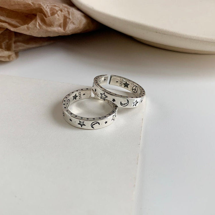 925 Sterling Silber Lächeln Gesicht Mond Stern Liebe und Frieden Offener Ring