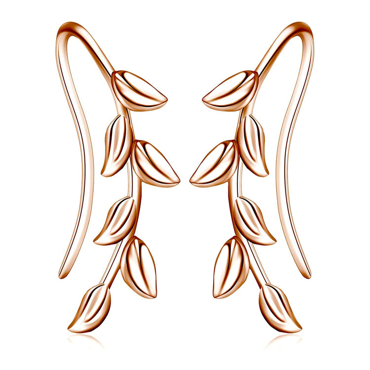 925 Sterling Silver Willow Leaf Ear Climber Crawler Cuff Earrings