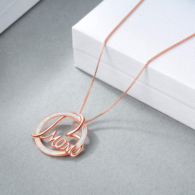 925 Sterling Silver Rose Gold Heart Mom Necklace With Simulated Opal