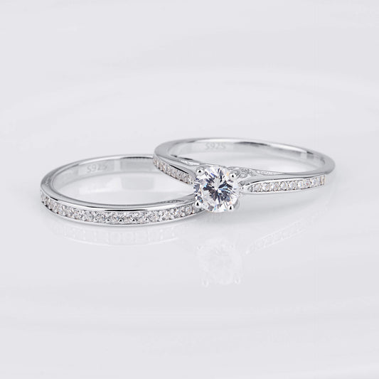 925 Sterling Silver Round Ring Set Made By Cubic Zirconia - onlyone