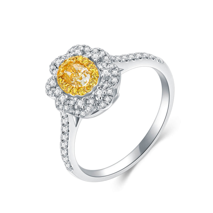 AU750 Halo Flower Yellow Diamond Engagement Ring