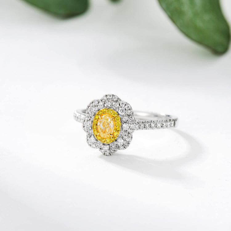 AU750 Halo Flower Yellow Diamond Engagement Ring