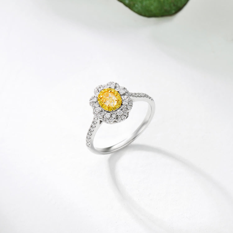 AU750 Halo Flower Yellow Diamond Engagement Ring