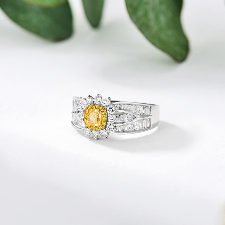18K Flower Halo Cushion Yellow Diamond Ring