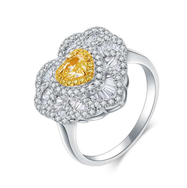 18K Classic Heart Halo Yellow Diamond Ring