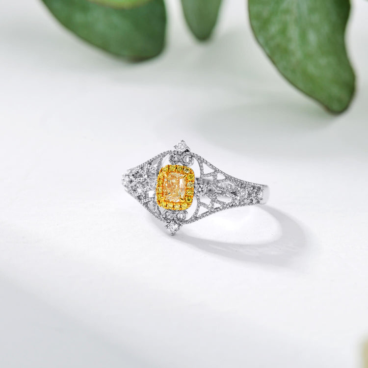 18K Vintage Cushion Yellow Diamond Ring