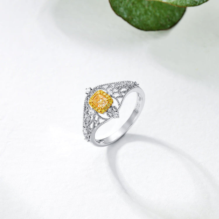 18K Vintage Cushion Yellow Diamond Ring