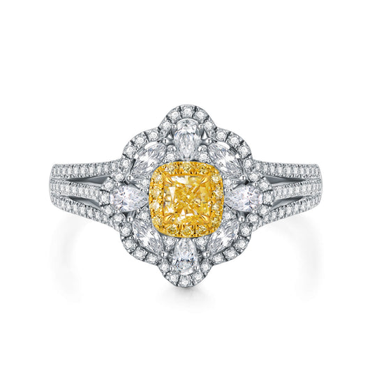18K Flower Halo Cushion Yellow Diamond Ring
