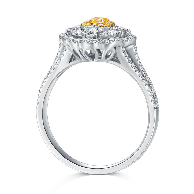 18K Flower Halo Cushion Yellow Diamond Ring